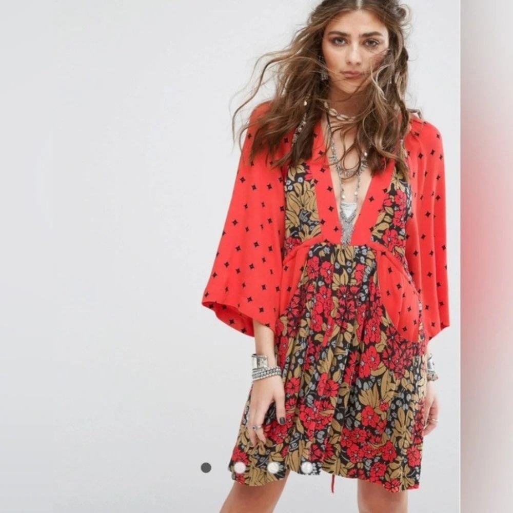 Free People Talulla Printed Mini Dress Small Orange Floral Boho Pockets Festival